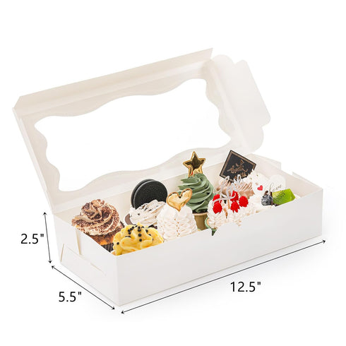 ZEAYEA 50 Pcs Chocolate Strawberry Boxes, 12.5" x 5.5" x 2.5" Cookie Boxes with Window, White Bakery Boxes, Treat Boxes for Muffins, Donuts, Biscuits, Cupcake, Pies, Easy to Assemble