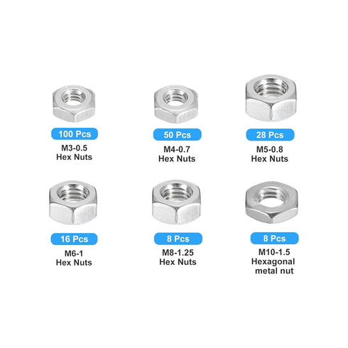 Hex Nuts Assortment Kit (M3-0.5, M4-0.7, M5-0.8, M6-1, M8-1.25, M10-1.5) 210Pcs, 304 Stainless Steel Hexagon Nut