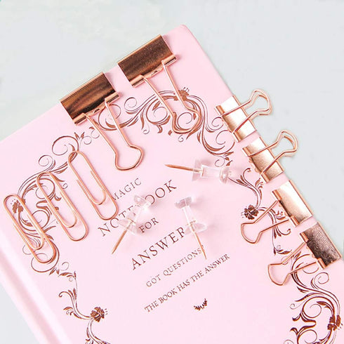 Binder Clips Paper Clips Push Pins Sets with Box for Office, School and Home Supplies (Rose Gold)