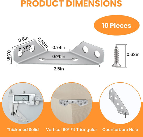 UBANU 10 Pack Universal Furniture Corner Brace Connector with Screws, Stainless Steel Angle Corner Triangle Support