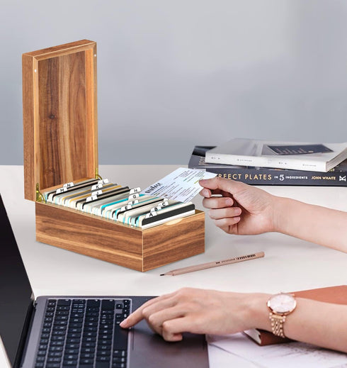 Neando 3’’x5’’ Index Card Holder, Acacia Box with Dividers, 4 Compartments for 600 Cards, Recipe Box