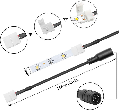 LightingWill 10pcs/Pack Strip to DC Female Plug Solderless Snap Down 2Pin Conductor LED Strip Connector for Quick Splitter Connection of 8mm Wide 3528 2835 Single Color Flex LED Strips by LightingWill
