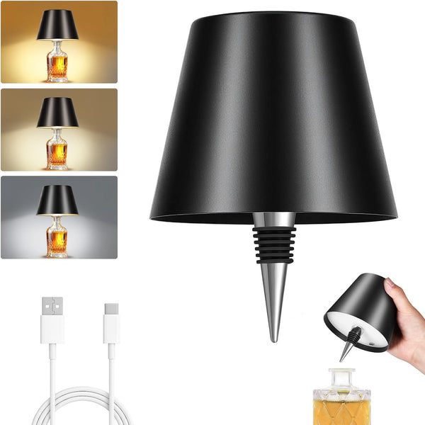 Rechargeable Wireless Bottle Lamp - 3 Color Stepless Dimmable, Metallic Black Lampshade,