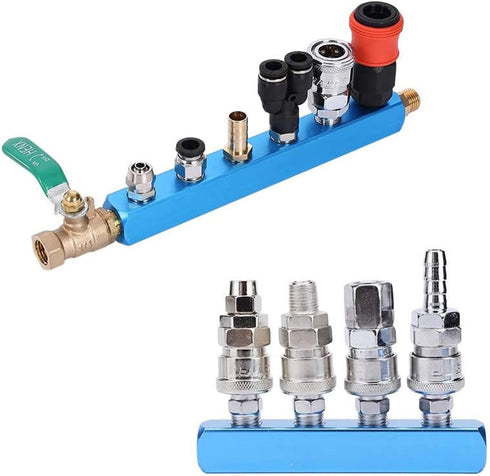 5 Way 8 Port Manifold Block Splitter, 1/4" Pneumatic Air Hose Inline Fitting for Air Compressor