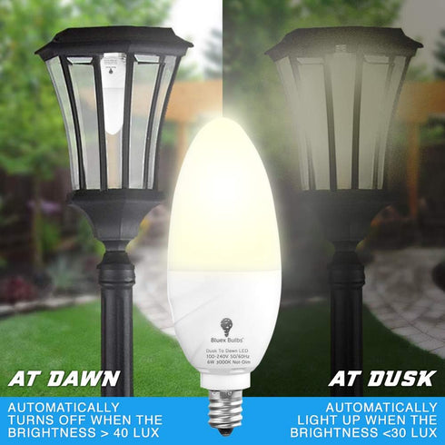6 Pack Bulbs, 6W E12 Bulb 65W 3000K WarmLight Bulb, BlueX Dusk to Dawn LED Base Light - Equivalent White - Smart Light