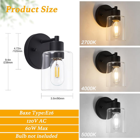 Wall(1PACK) Black Wall Sconce,Wall Light Fixtures, Modern Bathroom Light Fixture with Clear Glass Shade and Moisture