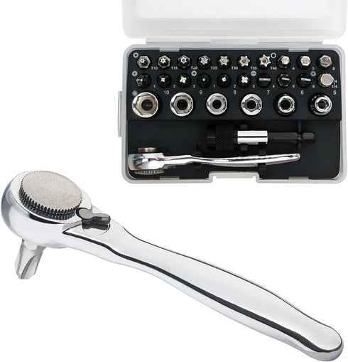 SHARDEN 28pcs Mini Ratchet Set, Right Angle Screwdriver and Bit with Metric Socket Set for Tight Spaces