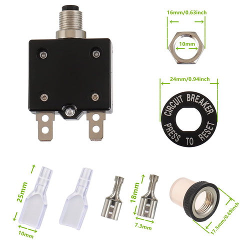 30A Manual Reset Push Button Circuit Breaker 125/250V AC 50V DC Thermal Overload Protector with Quick Connect Terminals and Waterproof Button Caps Assortment Kit(pack of 2 pcs)