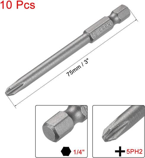 uxcell 10 Pcs 5mm PH2 Magnetic Phillips Screwdriver Bits, 1/4 Inch Hex Shank, 3-inch Length