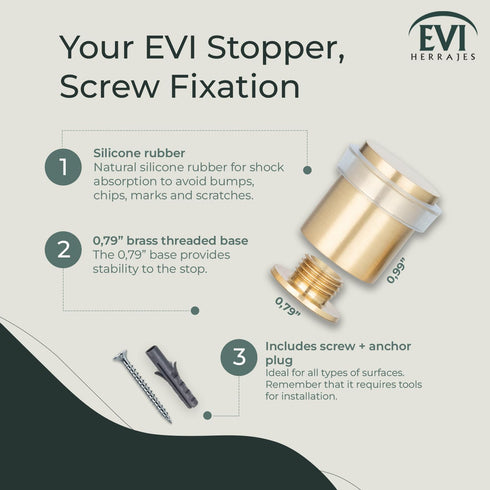 EVI Brass Door Stops | Door Stopper - Screw Fastening - Transparent Rubber Protector - 0.79 x 0.99 Inch