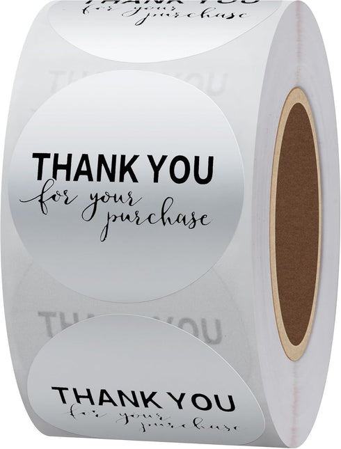 Hybsk Silver Foil Thank You for Your Purchase Stickers - 1.5" Round, 500 Labels per Roll (Silver)