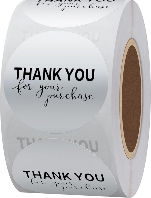 Hybsk Silver Foil Thank You for Your Purchase Stickers - 1.5" Round, 500 Labels per Roll (Silver)
