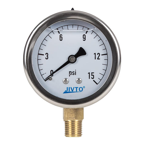 Liquid Filled Pressure Gauge, 2-1/2" Dia, 0-15 Psi, 1/4" NPT Lower Mount