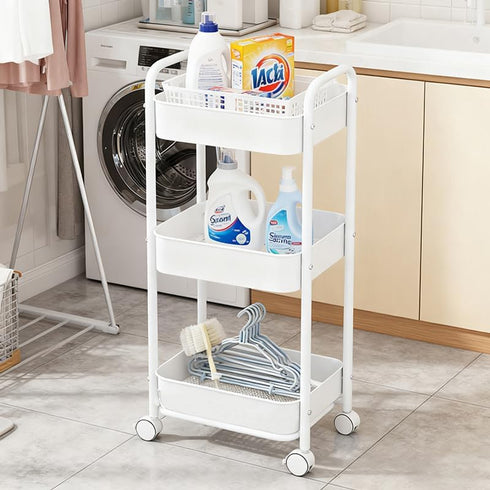 Vamelia 3-Tier Rolling Utility Cart Metal Cart with Lockable Wheels for Office, Living Room, Kitchen, White