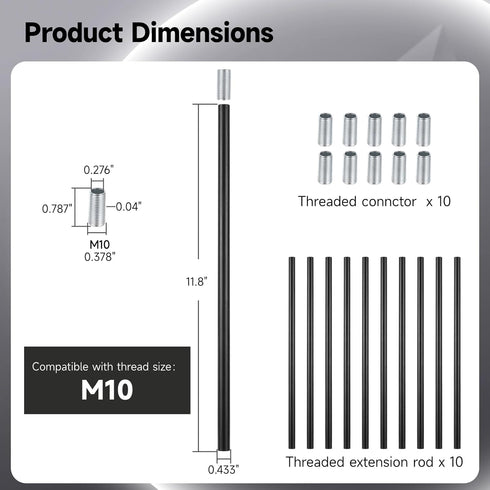 M10 10 12 Inches Lnrueg Matte Black Threaded Extension Rod, PCS Threaded Extension Rod for Pendant Light, Island