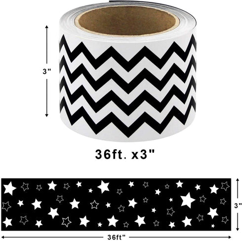 Black and White Chevron Bulletin Board Borders, Double-Sided Star Straight Border Trim for Classroom Decoration (36ft)
