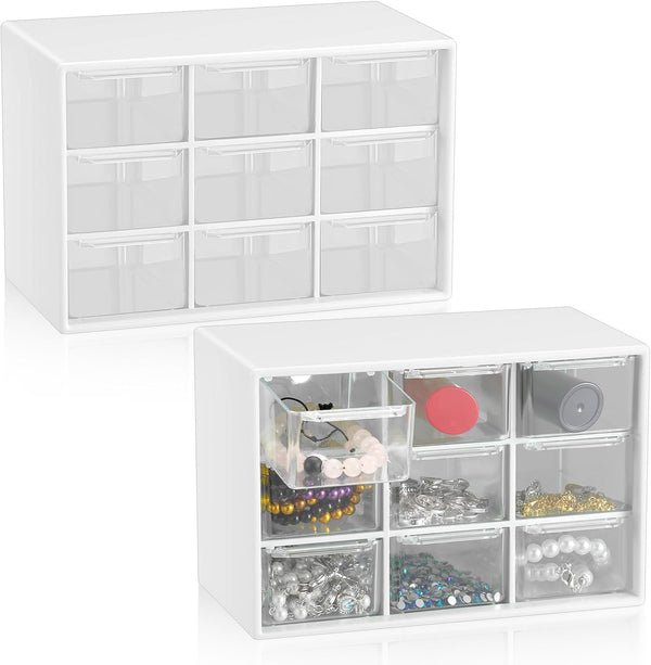 Small Drawer Organizer Set of 2, Teacher Toolbox with 9 Clear Drawers, Plastic Desktop Craft Storage Box for Home,