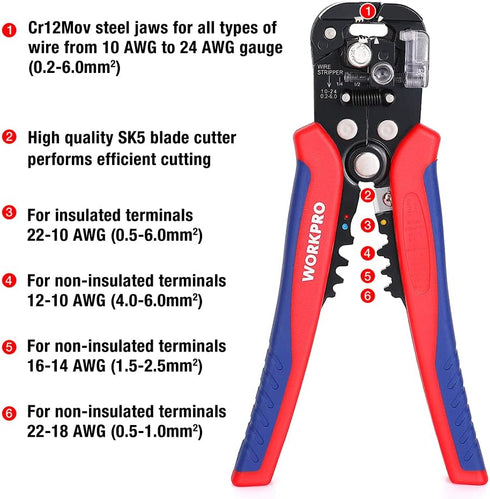 WORKPRO Self Adjusting Wire Stripper, 3-in-1 Automatic Wire Stripper/Cutter/Crimper, 8 Inch Multi Pliers