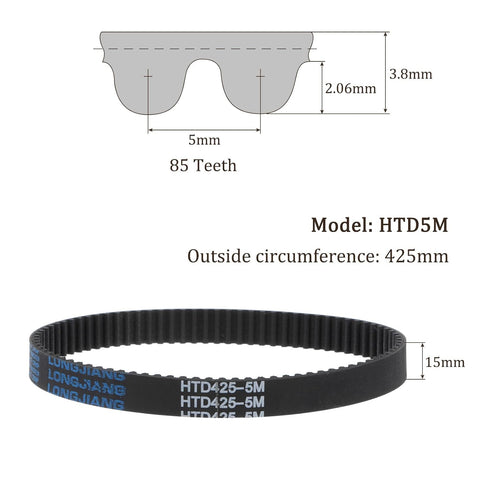 HTD5M-425 Close Loop Pulley Timing Belt: 425mm Length x 15mm Width High Torque Drive Rubber Belt for 3D Printer
