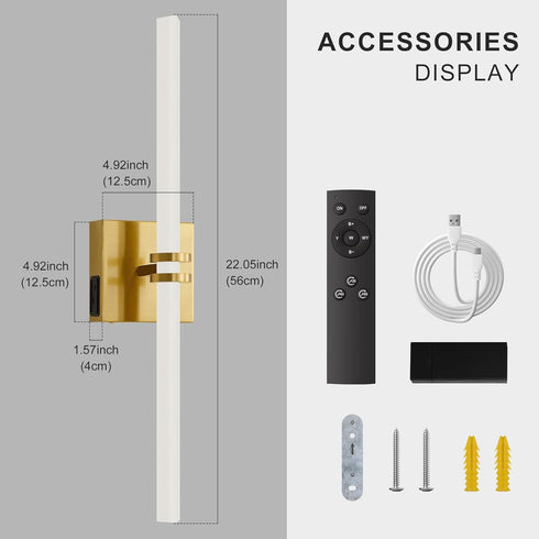1Pack, Dimmable 22 Inch 3000K-6000K Battery Operated Wall Sconce Gold Rechargeable Wall Lights with Remote Control, LED