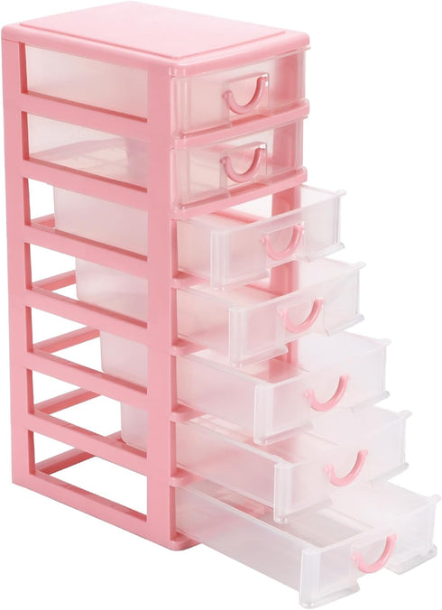 Rempry Mini Plastic Organizer with 7 Clear Drawers, Small Storage Drawers Containers for Desk, Counters, Cabinets, Pink