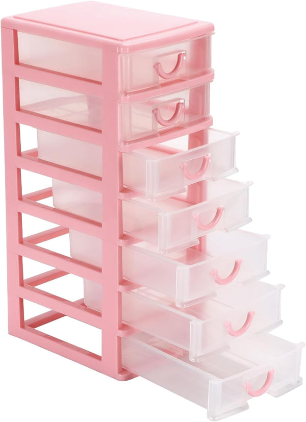 Rempry Mini Plastic Organizer with 7 Clear Drawers, Small Storage Drawers Containers for Desk, Counters, Cabinets, Pink