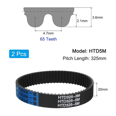 uxcell 2pcs HTD-5M Rubber Timing Belt 65 Teeth, 325mm Pitch Length x 20mm Width x 3.6mm Height, Closed Loop Pulley Timing Belt