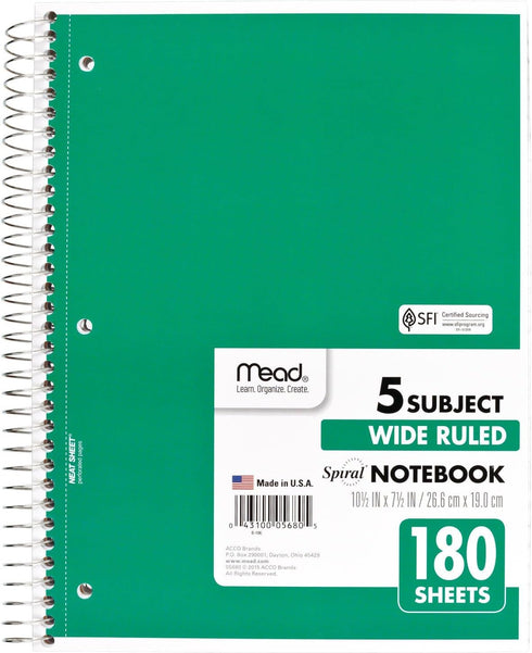 Mead Spiral Notebook, 5 Subject, Wide Ruled, 180 Sheets, 10-1/2" x 8", Color Selected For You, 1 Count