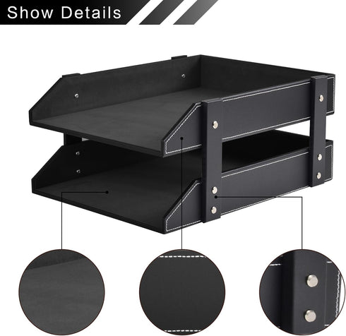 Leather Desk Organizer, 2-Tier Stackable Letter Tray Holder for Document, Stationery, Magazines, Black