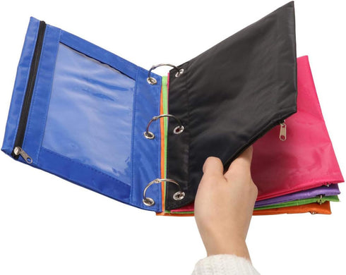 Zippered Binder Fabric Pencil Pouch, 3 Rings with Clear Window, 8 pack, Multicolor