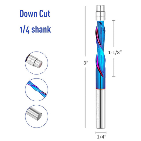 1/4 inch Trimming Shank CNC Router Bit Dowm Cut Flush Trim Router Bits Solide Carbide End Mill with Nano Blue Coating