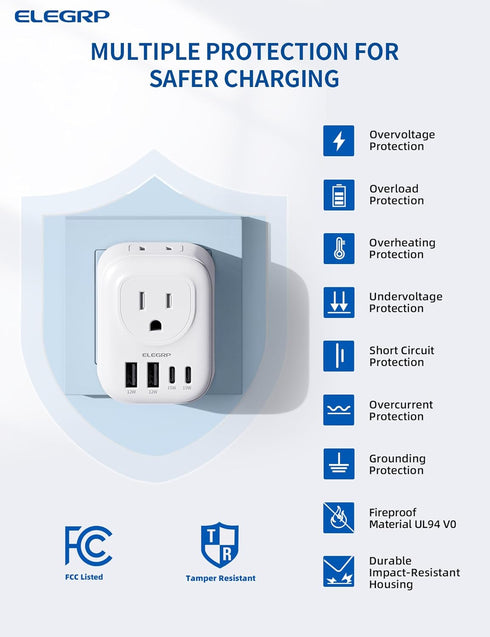 ELEGRP US to Europe Travel Plug Adapter, 2 USB-A & 2 USB-C Ports, Type C Adapters for Spain, Italy, France, 1 Pack