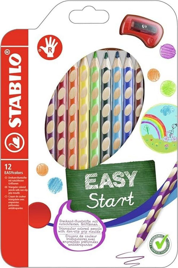 STABILO Ergonomic Coloring Pencil EASYcolors - Right-Handed, Pack of 12, Assorted Colors with Sharpener