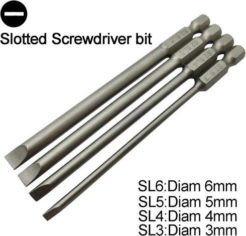 Long Slotted Head and Cross Phillips Screwdriver Bit Sets, 10Pcs with 1/4 Inch Hex Shank, 4 Inch Length
