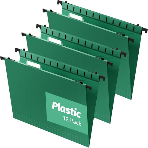 Plastic Hanging File Folders, 12 Pack, Letter Size, Reinforced Hang Folders, Designed for Home and Office, Green