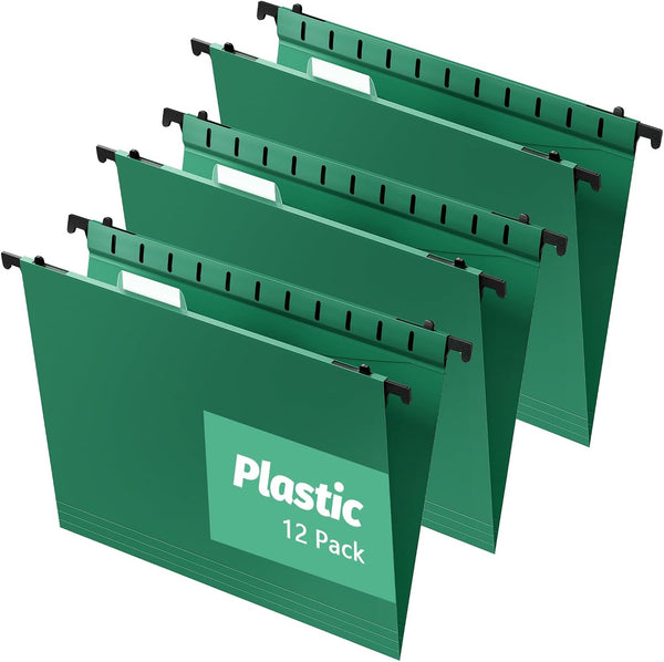 Plastic Hanging File Folders, 12 Pack, Letter Size, Reinforced Hang Folders, Designed for Home and Office, Green