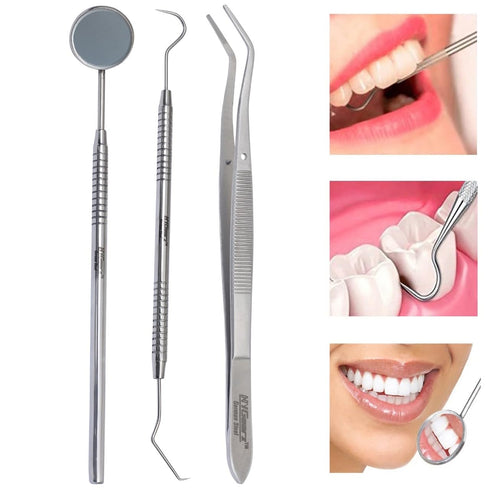 NYGEARZZ 3-Piece Set Dental Examination Tools Kit - Oral Care with German Stainless Steel Dental Pick, Tweezers & Mouth