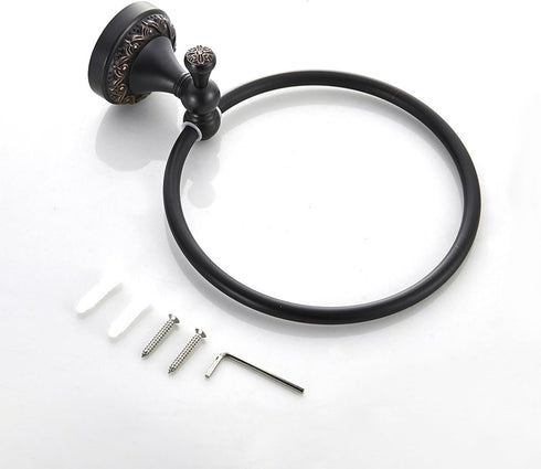Oil Rubble Bronze Brass Bath Towel Ring, Wall Mounted Black Bathroom Hardware Accessories with Pattern Carving Design