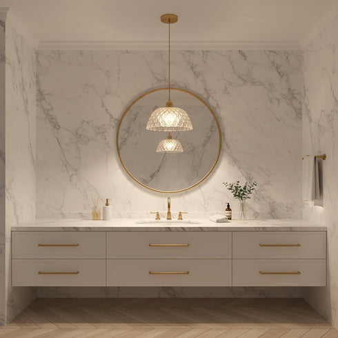 YJQHXY E26 6.56 Modern Textured Glass Pendant Light, Brass Hardwired Ceiling Hanging Light with FT Cord, Clear Dome