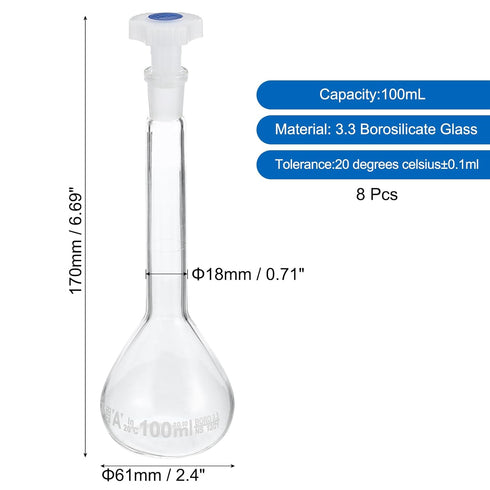 PATIKIL 100ml Volumetric Flask, 8Pcs 3.3 Borosilicate Glass Graduated Measuring Flask with Plug Cap