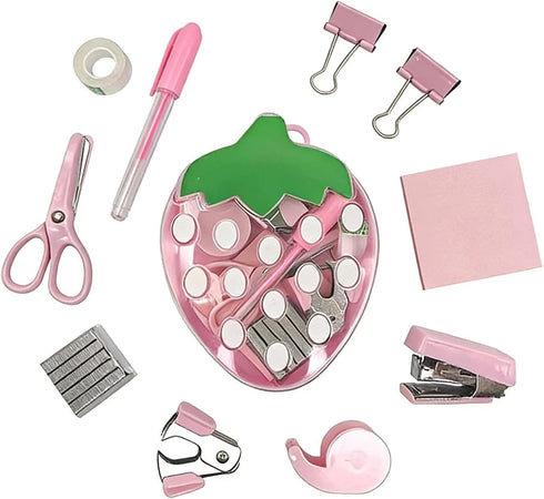 Anruiqiao Cute Strawberry-Shaped Mini Stationery Set for Kids Students 12-Piece Pink Kawaii Desk