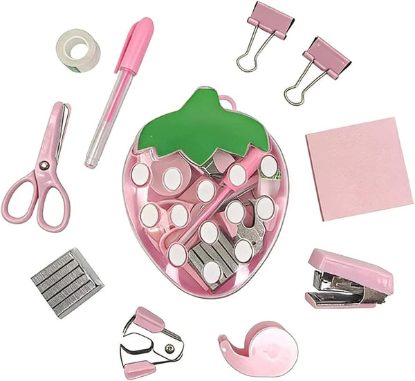 Anruiqiao Cute Strawberry-Shaped Mini Stationery Set for Kids Students 12-Piece Pink Kawaii Desk