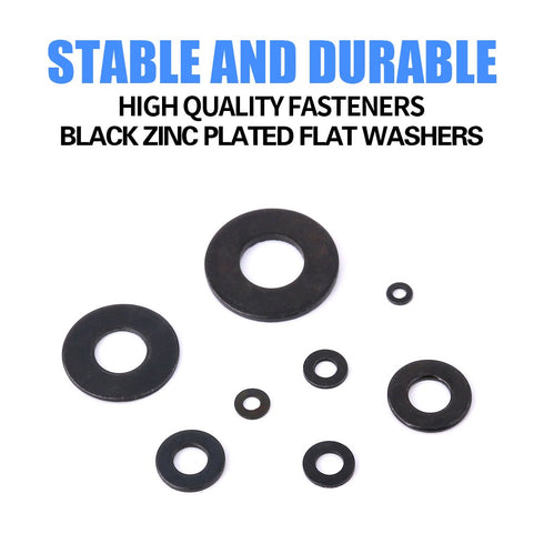 Glarks 410Pcs Metric Flat Washers Assortment Set - M2 M2.5 M3 M4 M5 M6 M8 M10, Black Zinc Plated Alloy