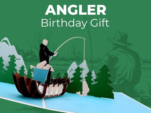 iGifts And Cards 3D Mountain Fishing Pop-Up Card – Canoe, Forest & Leaping Trout – Gift for Men, Fishermen, Nature