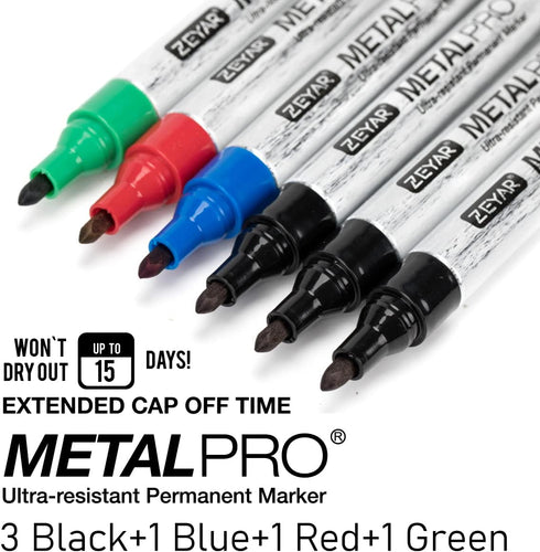 ZEYAR Permanent Markers, Bullet Tip, Aluminum Barrel, Waterproof, Quick Dry, 3 Black, 1 Blue, 1 Green, 1 Red
