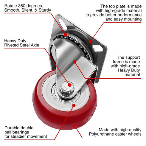 4 Pack Caster Wheels Swivel Plate on Red Polyurethane Wheels, 2 inch No Brake