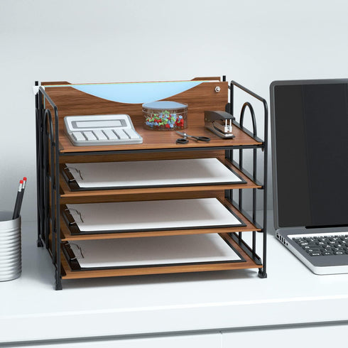 LUCYCAZ File Organizer for Desk, 4 Tier Wood Desk Organizer for Hanging File Folders, Desktop File Organizer for Office