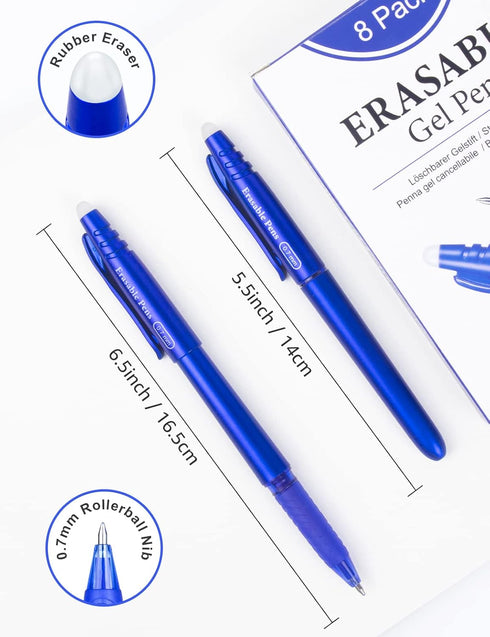 Erasable Gel Pens 0.7mm, KERIFI Blue Heat Erasable Fine Point Ballpoint Pens, Gel Ink Pens with Eraser
