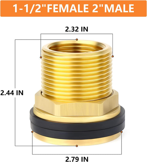 GASHER 2PCS Brass 1-1/2" Female 2" Male Bulkhead Tank Connector Adapter Fitting with Rubber Ring