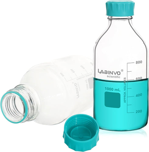 Glass Round Media Bottles, 1000ml Borosilicate Glass Reagent Storage Bottle with GL45 Screw Cap